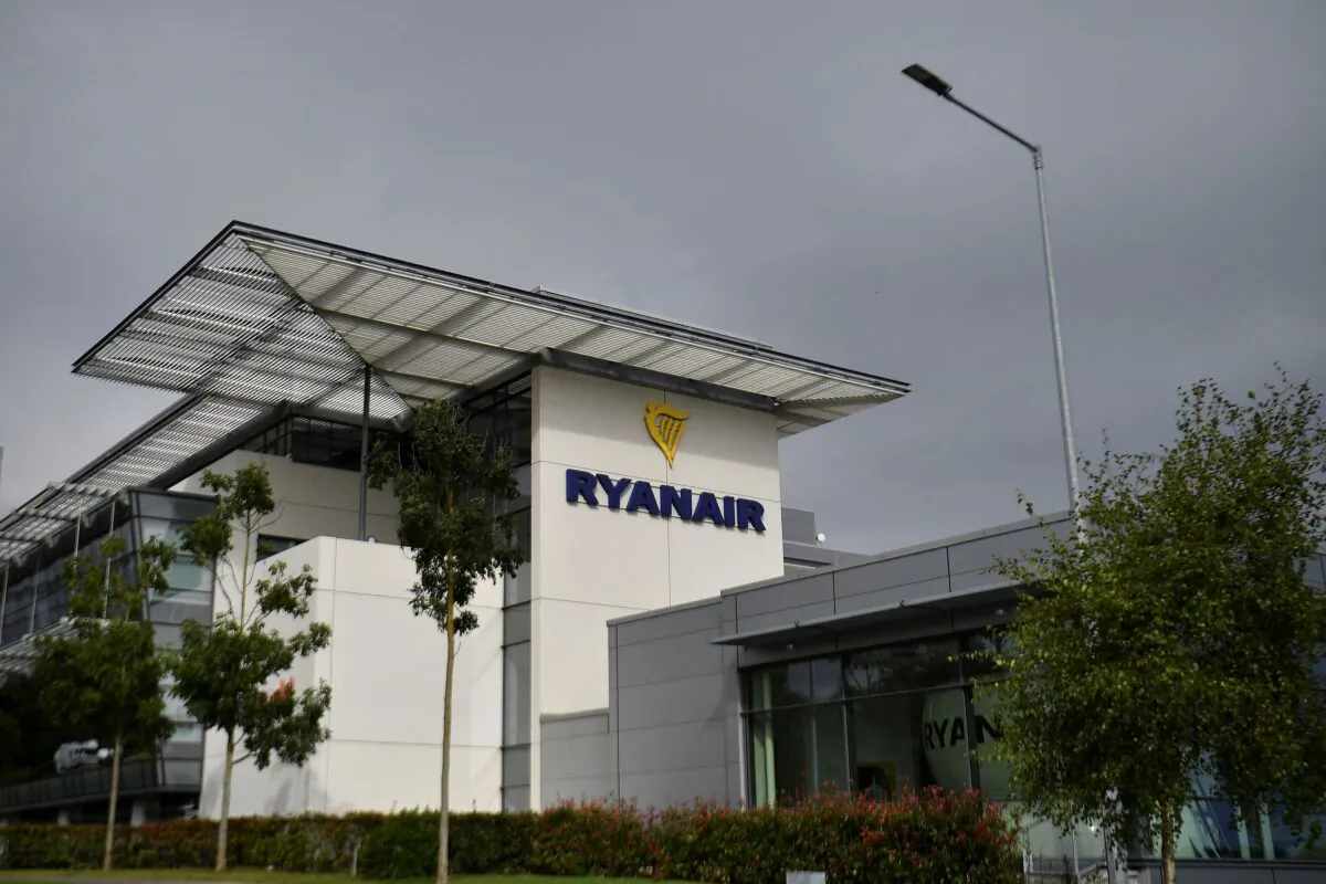 General view of the Ryanair logo at their headquarters in Dublin, Ireland, on Sept. 16, 2021. (Clodagh Kilcoyne/Reuters)