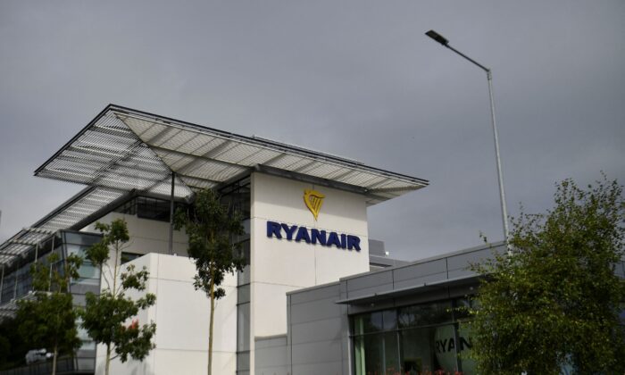 General view of the Ryanair logo at their headquarters in Dublin, Ireland, on Sept. 16, 2021. (Clodagh Kilcoyne/Reuters)