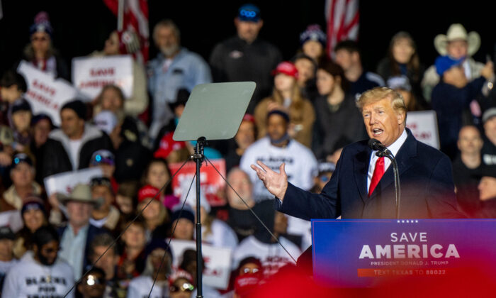 Former President Donald Trump speaks during a rally in Conroe, Texas, on Jan. 29, 2022. (Brandon Bell/Getty Images)