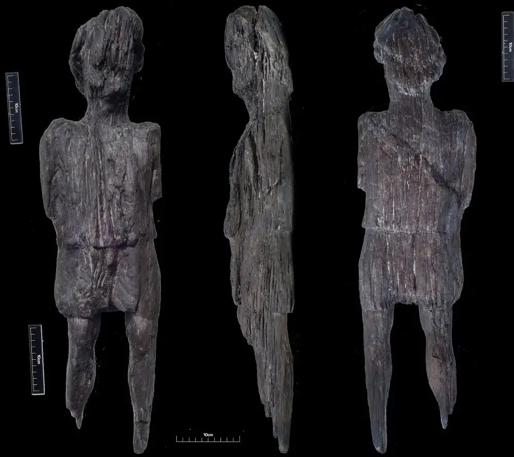 This undated handout image shows the ƒRoman carved wooden Figure uncovered by HS2 archaeologists in Buckinghamshire undergoing conservation (HS2/PA)