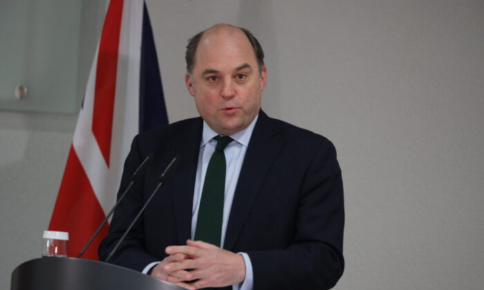 British Defence Secretary Ben Wallace speaks at a press conference at the Germany Defense Ministry in Berlin, on Jan. 26, 2022. (Christian Marquardt - Pool/Getty Images)