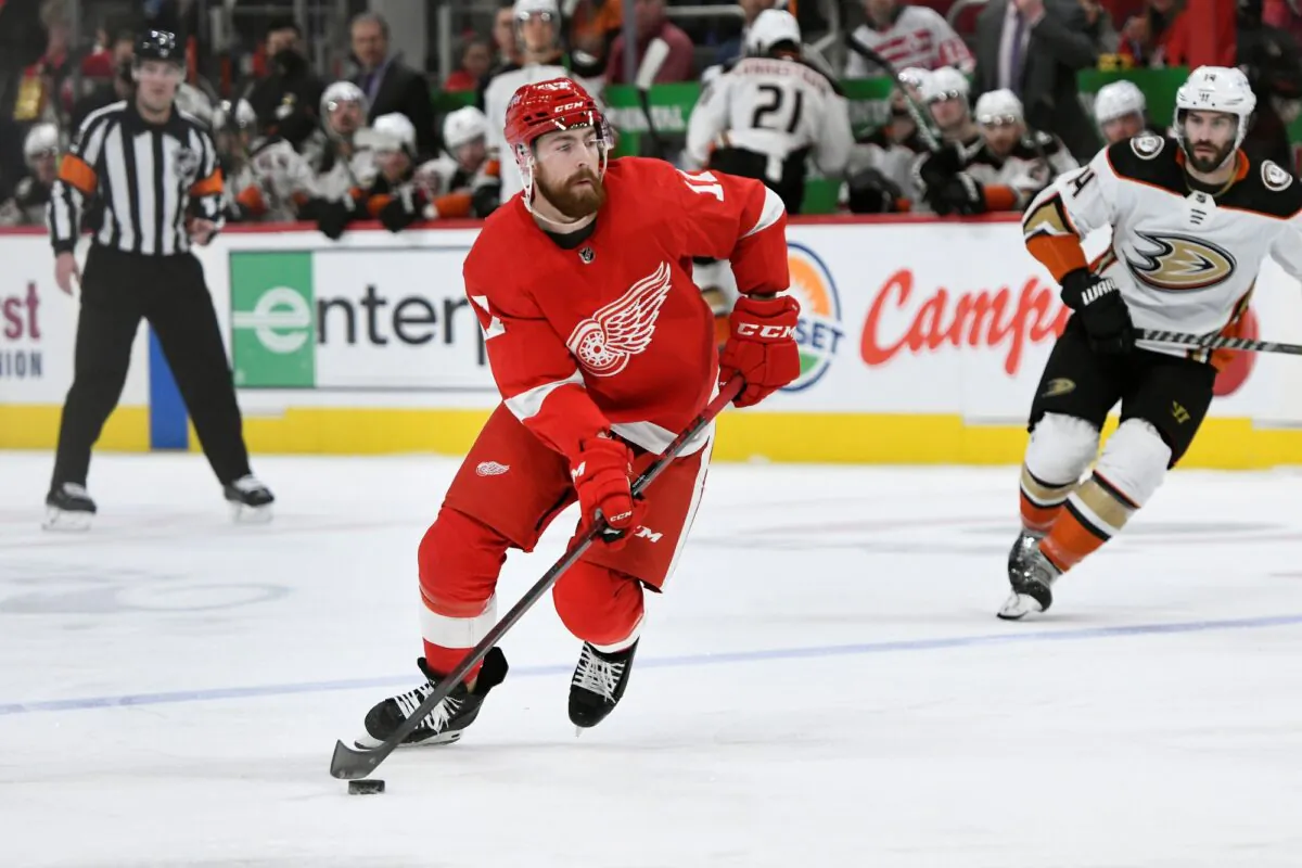 Detroit Red Wings defenseman Filip Hronek looks to pass against the Anaheim Ducks during the second period of an NHL hockey game in Detroit, on Jan. 31, 2022. (Jose Juarez/AP Photo)