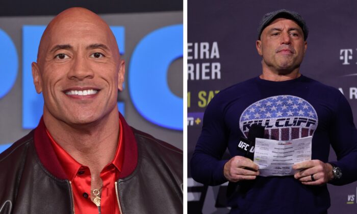 U.S. actor Dwayne Johnson (left) in Santa Monica, Calif., on Dec. 7, 2021. (Lisa O'Connor/AFP via Getty Images); Joe Rogan introduces fighters during the UFC 269 ceremonial weigh-in at MGM Grand Garden Arena in Las Vegas, Nevada, on Dec. 10, 2021. (Carmen Mandato/Getty Images)