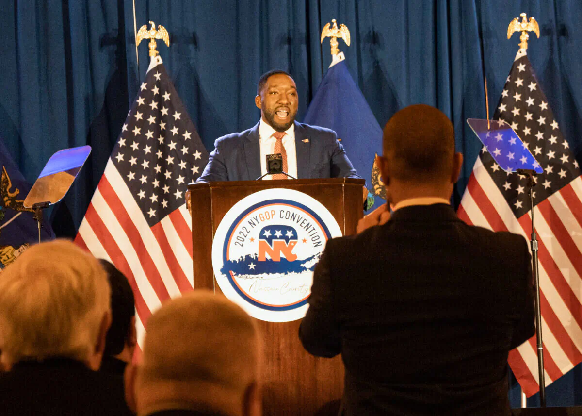 Joseph Pinion III accepts the nomination for US senator at the New York state Republican convention in Garden City, New York, on Feb. 28, 2022. (Dave Paone/The Epoch Times)