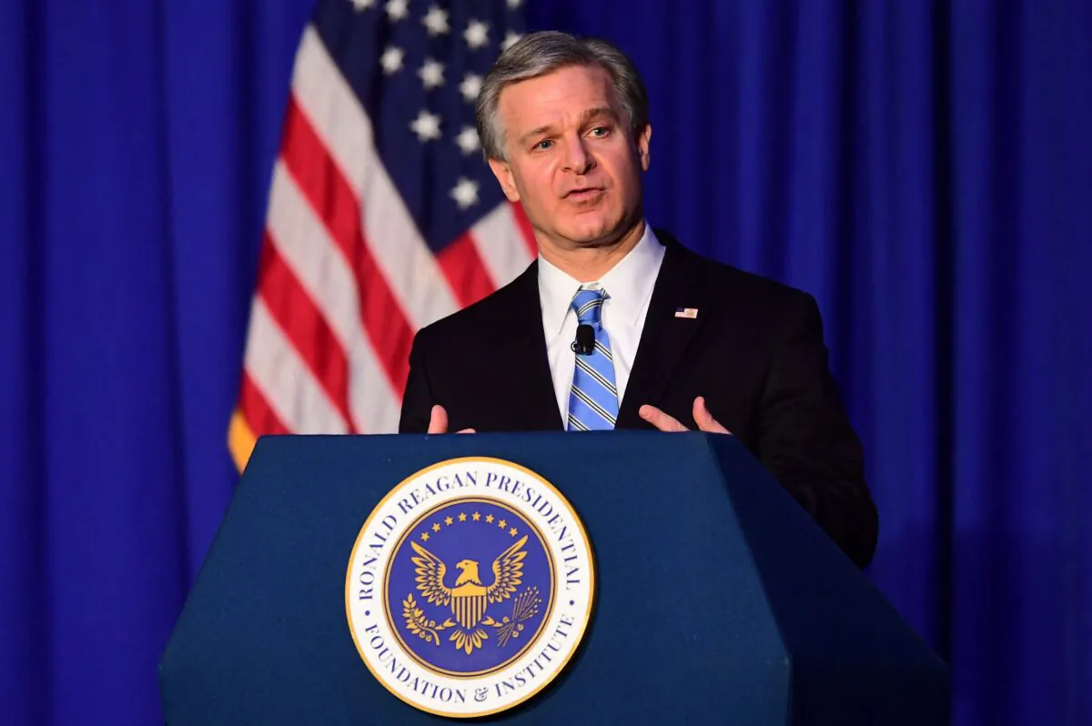 FBI Director Christopher Wray speaks at the Reagan Library in Simi Valley, Calif., on Jan. 31, 2022. (Frederic J. Brown/AFP via Getty Images)