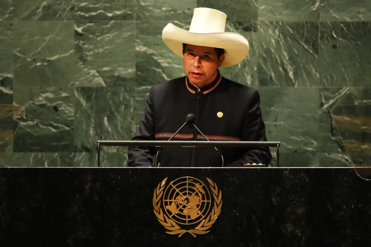 President of Peru Pedro Castillo speaks during the annual gathering in New York for the 76th session of the United Nations General Assembly on Sept. 21, 2021, in New York City. (Photo by Spencer Platt/Getty Images)