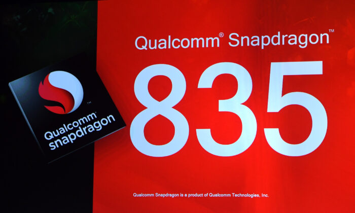 The Qualcomm Snapdragon 835 mobile processor is announced during a keynote address by Qualcomm Inc. CEO Steve Mollenkopf at CES 2017 at The Venetian Las Vegas in Las Vegas, on Jan. 6, 2017. (Ethan Miller/Getty Images)