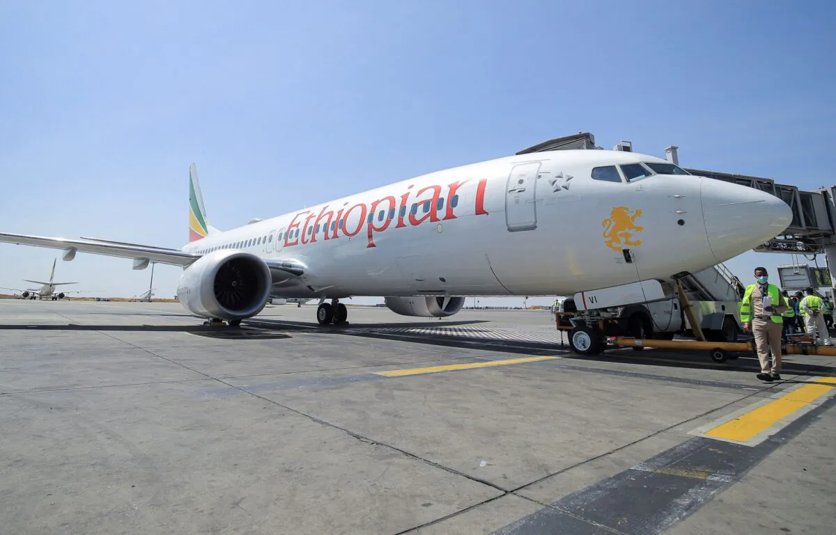An Ethiopia’s Airlines Boeing 737 Max 8 plane to take off on a demonstration trip to resume flights from the Bole International Airport in Addis Ababa, Ethiopia, on Feb. 1, 2022. (Tiksa Negeri/Reuters)