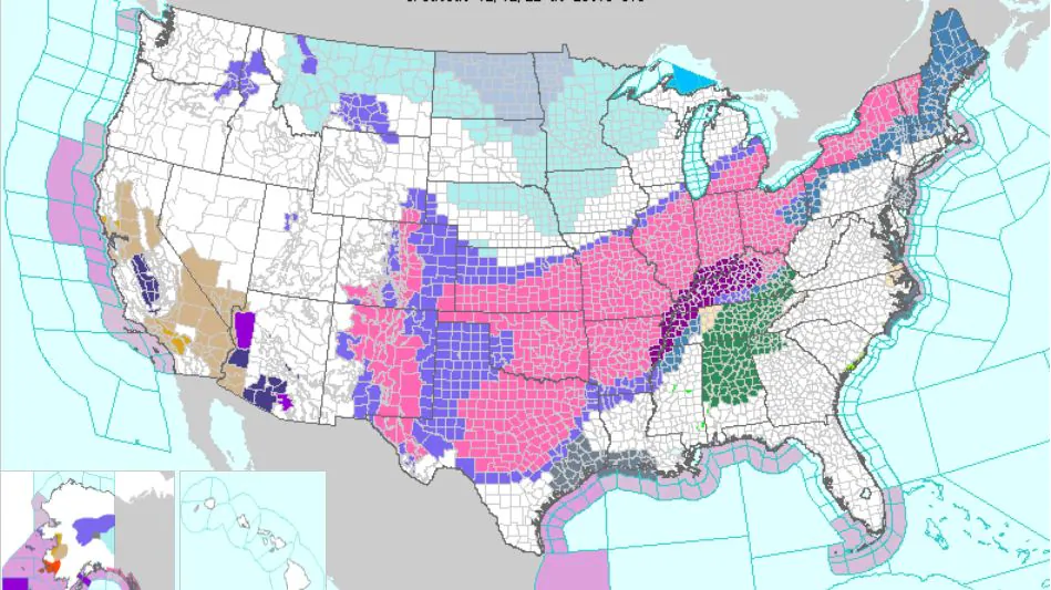 Winter storm warnings and advisories were in place across hundreds of counties, spanning at least a dozen states, according to a map provided by the Weather Service on Feb. 2, 2022. (National Weather Service)