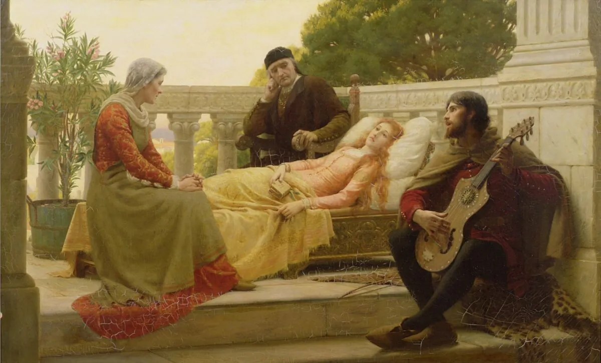 Unrequited love here soothed by music. Lisa was a character in Boccaccio's “Decameron,” who saw King Pietro of Aragon from a distance, fell in love with him, and became deathly ill. “How Liza Loved the King,” circa 1890, by Edmund Leighton. Oil on canvas; 39 inches by 64.1 inches. Purchased by Burnley Corporation with the assistance of funds from the Edward Stocks Massey Bequest, Towneley Park, in Lancashire. (PD-US)

