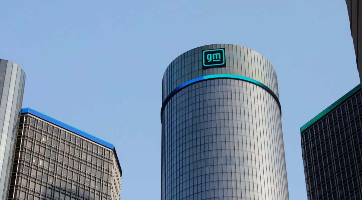 The new GM logo is seen on the facade of the General Motors headquarters in Detroit, on March 16, 2021. (Rebecca Cook/Reuters)