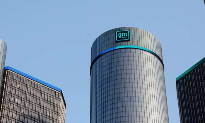 The new GM logo is seen on the facade of the General Motors headquarters in Detroit, on March 16, 2021. (Rebecca Cook/Reuters)