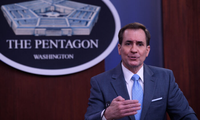 Pentagon spokesman John Kirby speaks during a briefing at the Pentagon in Washington, on Feb 1, 2022. (Nicholas Kamm / AFP via Getty Images)