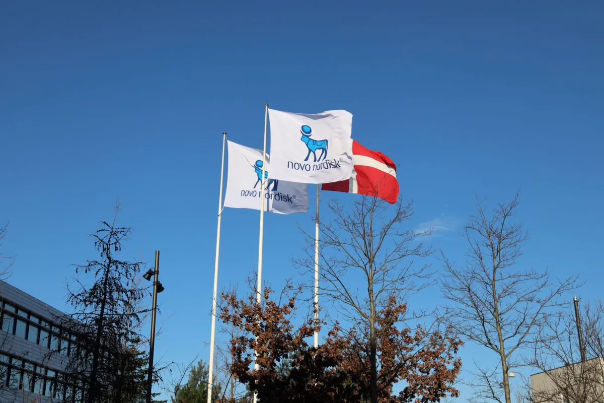 Flags are seen outside Novo Nordisk headquarters in Copenhagen, Denmark, on Feb. 5, 2020. (Jacob Gronholt-Pedersen/Reuters)