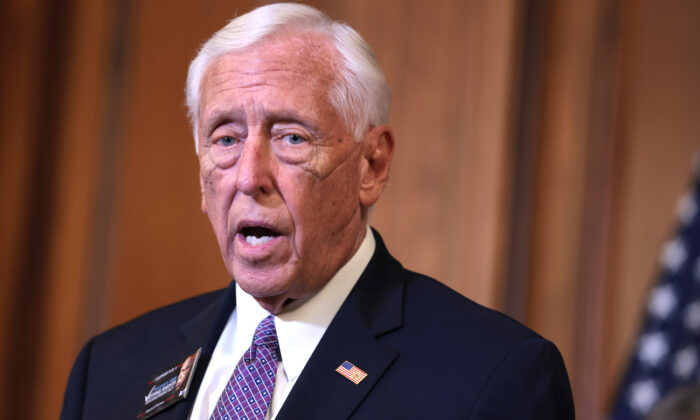 U.S. House Majority Leader Steny Hoyer (D-Md.) speaks at a press event at the U.S. Capitol in Washington, on Aug. 24, 2021.(Anna Moneymaker/Getty Images)