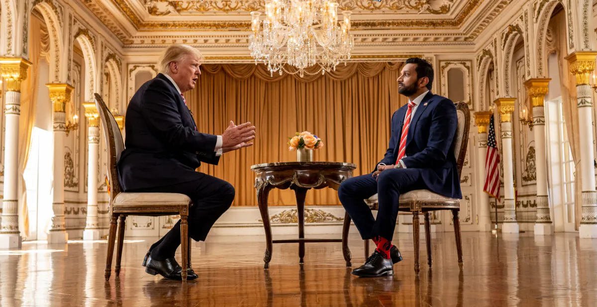 Former President Donald Trump speaks with Epoch TV's Kash Patel at his Mar-a-Lago resort in Palm Beach, Fla., on Jan. 31, 2022. (The Epoch Times)