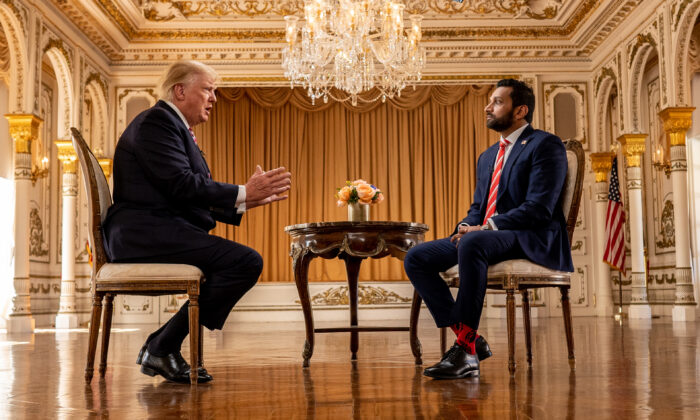 Former President Donald Trump speaks with EpochTV's Kash Patel at his Mar-a-Lago resort in Palm Beach, Fla., on Jan. 31, 2022. (The Epoch Times)