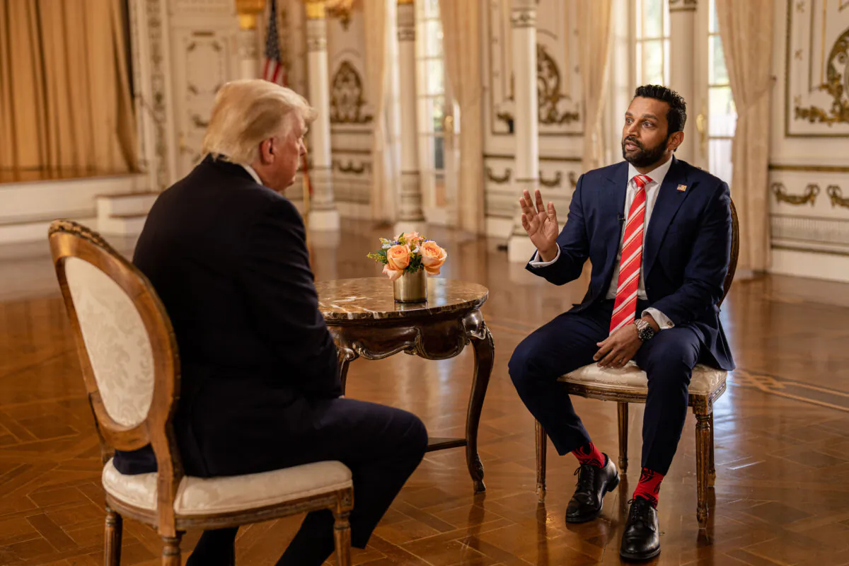 Former President Donald Trump speaks with Epoch TV's Kash Patel at his Mar-a-Lago resort in Palm Beach, Fla., on Jan. 31, 2022. (The Epoch Times)