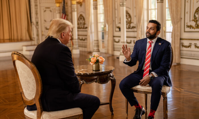 Former President Donald Trump speaks with Epoch TV's Kash Patel at his Mar-a-Lago resort in Palm Beach, Fla., on Jan. 31, 2022. (The Epoch Times)