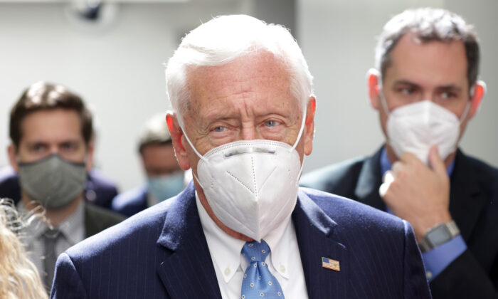 House Majority Leader Rep. Steny Hoyer (D-Md.) leaves after a House Democrats Caucus meeting at the U.S. Capitol in Washington, on Oct. 1, 2021. (Alex Wong/Getty Images)