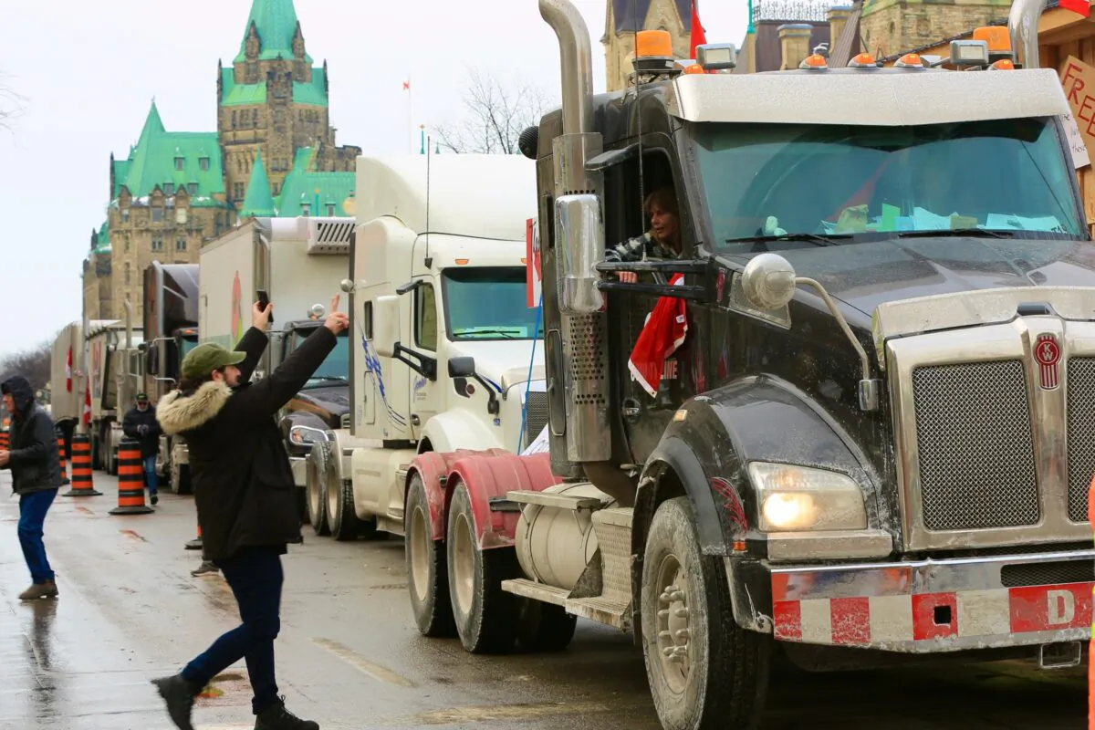 Trucks parked in downtown Ottawa as demonstrators continue to protest COVID-19 mandates and restrictions on Feb. 2, 2022. (Jonathan Ren/The Epoch Times)