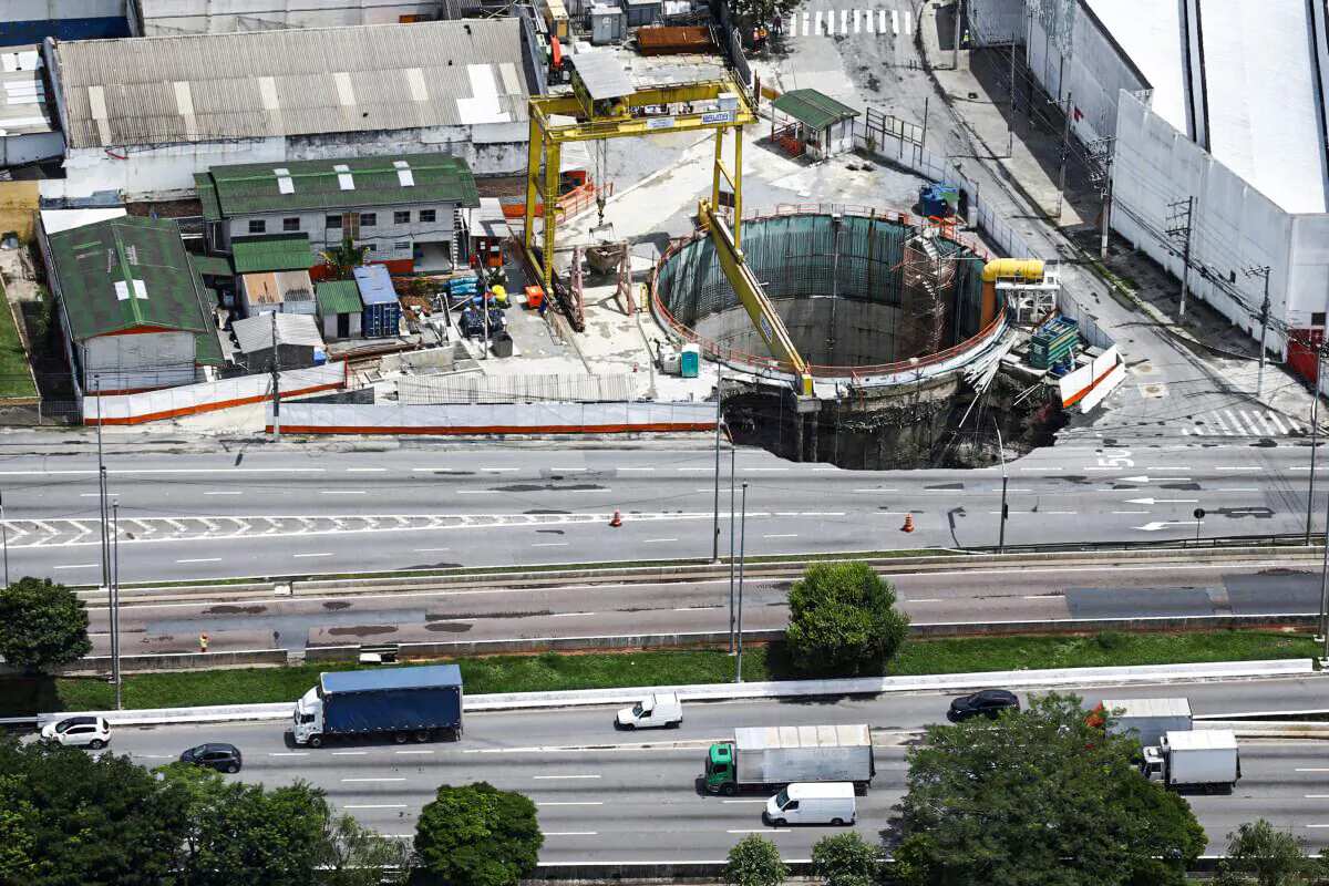An aerial view shows part of an expressway collapsed above a construction site where Spain's Acciona SA was excavating a tunnel for a new metro line in Sao Paulo, on Feb. 1, 2022. (Carla Carniel/Reuters)