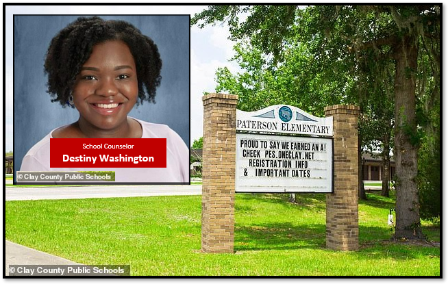 Composit image of Paterson Elementary School sign in Clay County, Florida and School Counselor Destiny Washington. (Clay County Public Schools)
