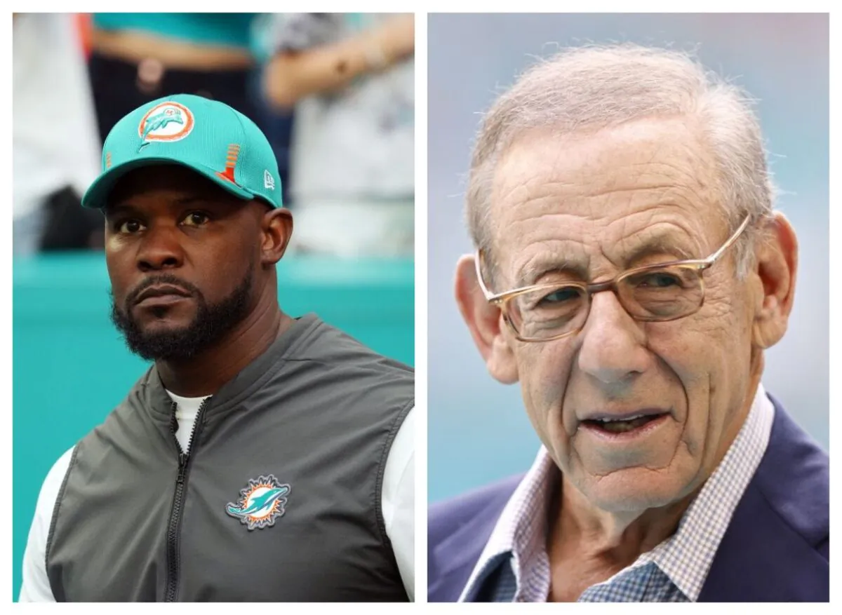 Ex-coach Brian Flores and Miami Dolphins owner Stephen Ross. (Mark Brown/Getty Images; Michael Reaves/Getty Images)