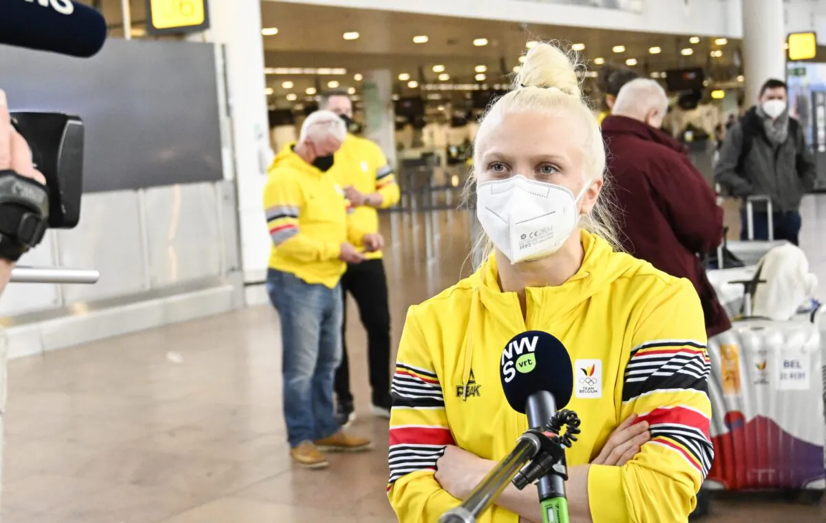 Belgian skeleton athlete Kim Meylemans pictured at the departure of Team Belgium athletes to the Beijing 2022 Winter Olympic Games at the Brussels Airport in Zaventem on Jan. 29, 2022. (Laurie Dieffembacq/Belga Mag/AFP via Getty Images)