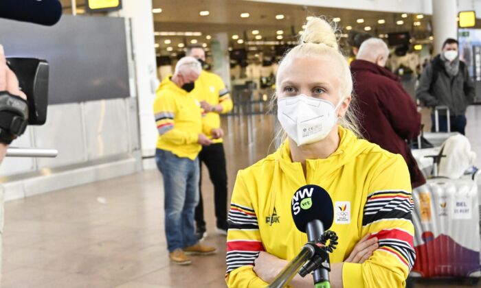 Belgian skeleton athlete Kim Meylemans pictured at the departure of Team Belgium athletes to the Beijing 2022 Winter Olympic Games at the Brussels Airport in Zaventem on Jan. 29, 2022. (Laurie Dieffembacq/Belga Mag/AFP via Getty Images)