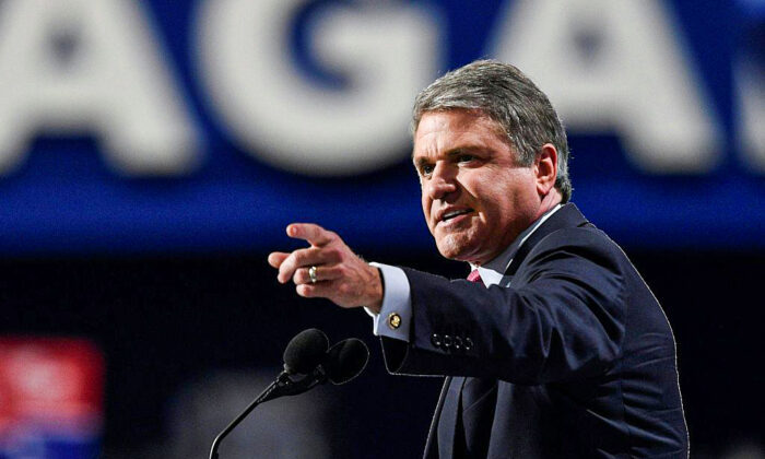 Congressman Michael McCaul makes a point to delegates during the evening session of the Republican National Convention at the Quicken Loans Arena in Cleveland, Ohio, on July 18, 2016. (Dominick Reuter/AFP via Getty Images)