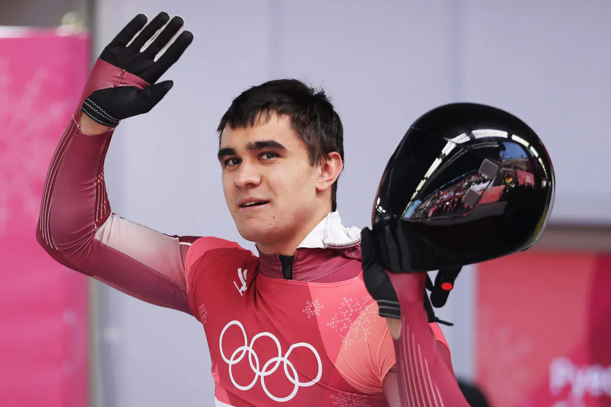 Nikita Tregubov of Olympic Athlete from Russia reacts in the finish area during the Men's Skeleton at Olympic Sliding Centre in Pyeongchang-gun, South Korea, on Feb. 16, 2018. (Richard Heathcote/Getty Images)