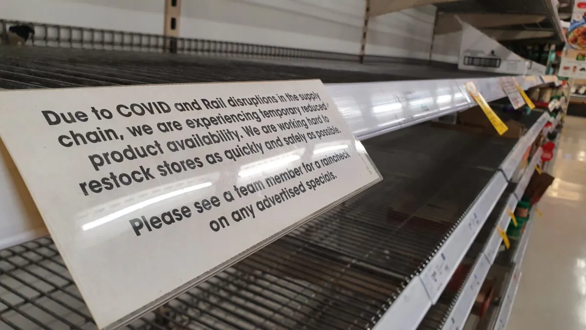 A sign on an empty shelf at a Coles in Yokine, Perth, Australia on Feb. 2, 2022. (The Epoch Times)