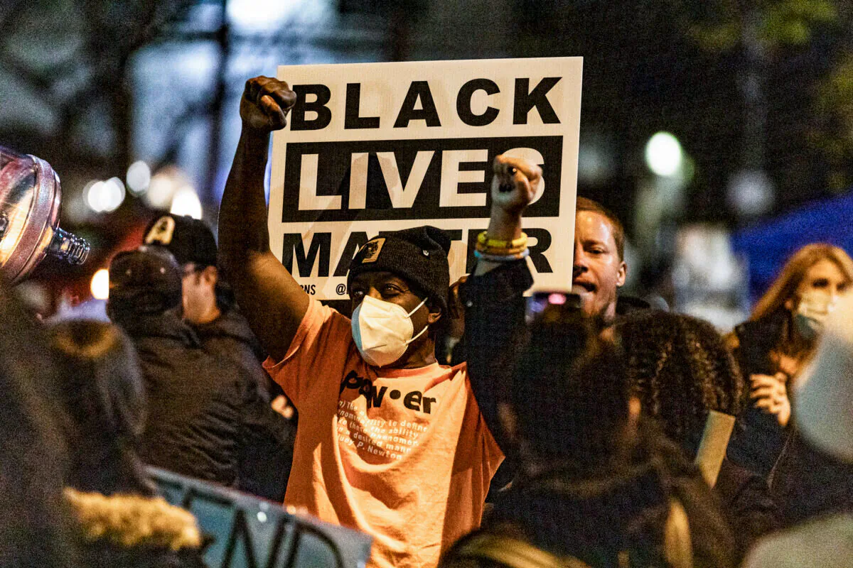 Black Lives Matter protestors in Skid Row, Los Angeles, Calif., on Dec. 30, 2020. (John Fredricks/The Epoch Times)