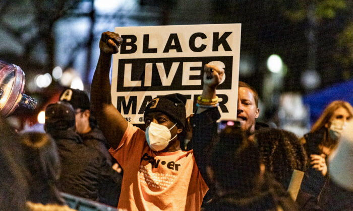 Black Lives Matter protestors in Skid Row, Los Angeles, Calif., on Dec. 30, 2020. (John Fredricks/The Epoch Times)