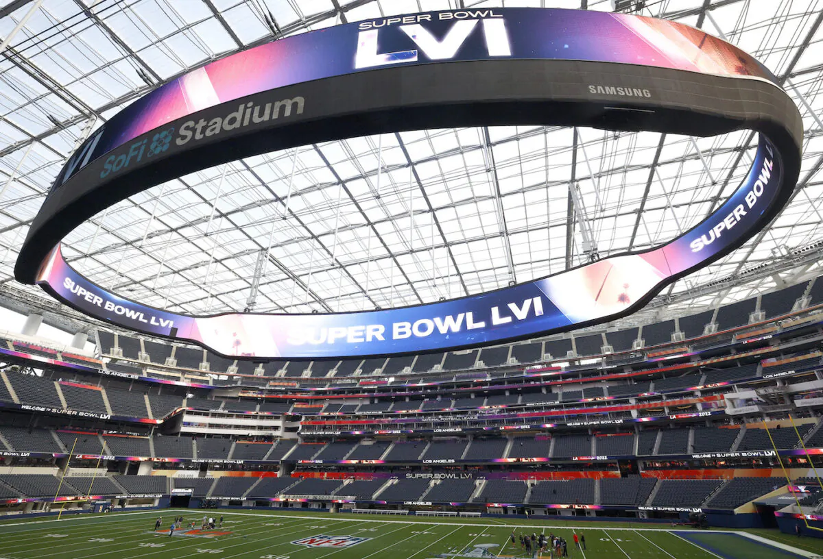 A view of SoFi Stadium as workers prepare for Super Bowl LVI in Inglewood, Calif., on Feb. 1, 2022. (Ronald Martinez/Getty Images)