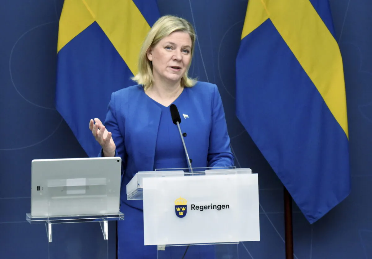 Sweden's Prime Minister Magdalena Andersson addresses a digital press conference in Stockholm on Feb. 3, 2022. (Marko Saavala/TT News Agency/AFP via Getty Images)