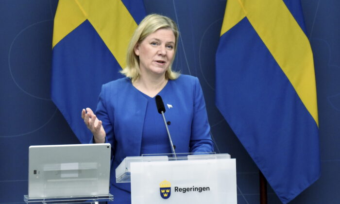 Sweden's Prime Minister Magdalena Andersson addresses a digital press conference in Stockholm on Feb. 3, 2022. (Marko Saavala/TT News Agency/AFP via Getty Images)