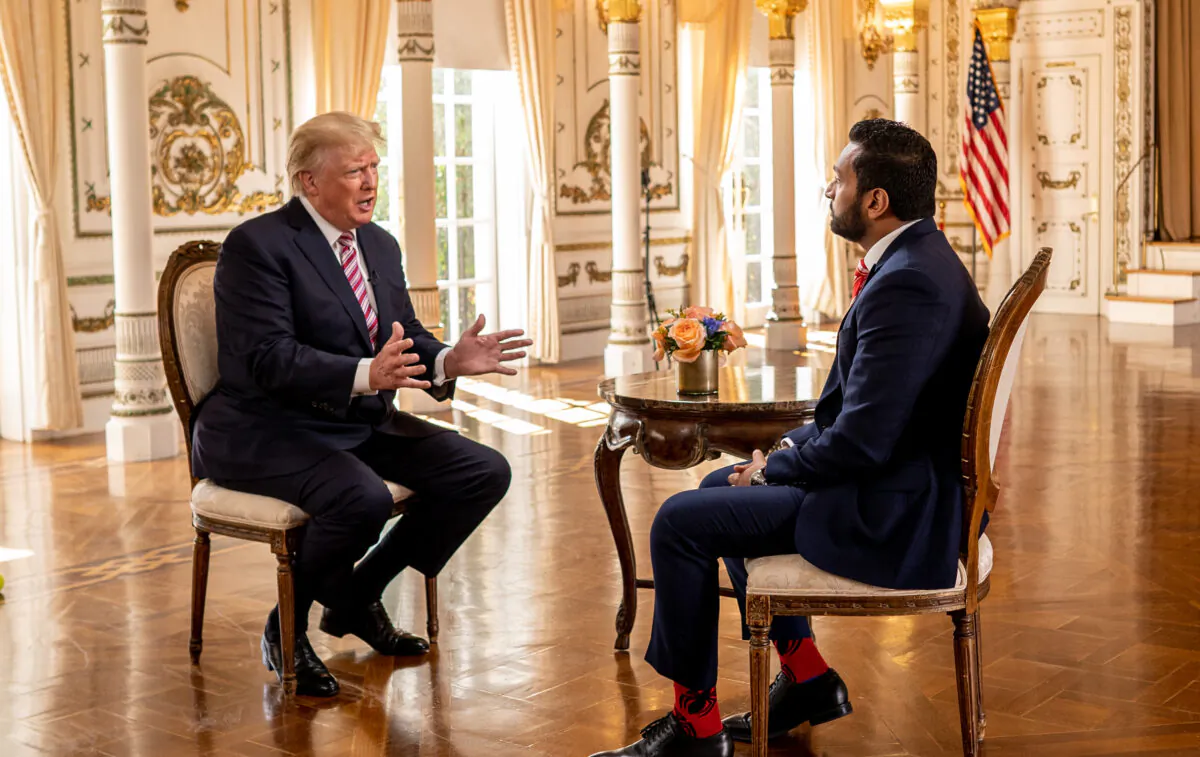 Former President Donald Trump speaks with Epoch TV's Kash Patel at his Mar-a-Lago resort in Palm Beach, Fla., on Jan. 31, 2022. (The Epoch Times)