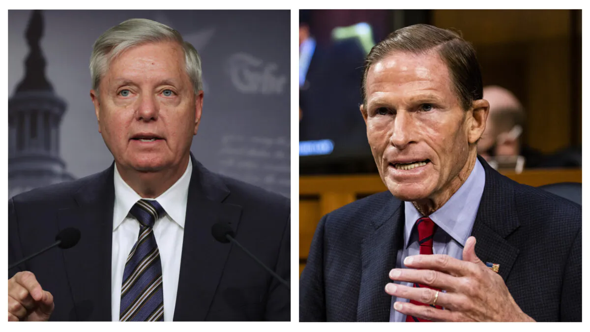 Sen. Lindsey Graham (R-SC) and Sen. Richard Blumenthal (D-CT) in a composite image. (Alex Wong/Samuel Corum/Getty Images)