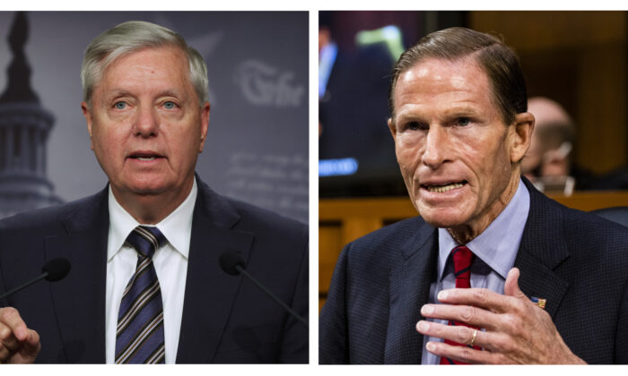 Sen. Lindsey Graham (R-SC) and Sen. Richard Blumenthal (D-CT) in a composite image. (Alex Wong/Samuel Corum/Getty Images)