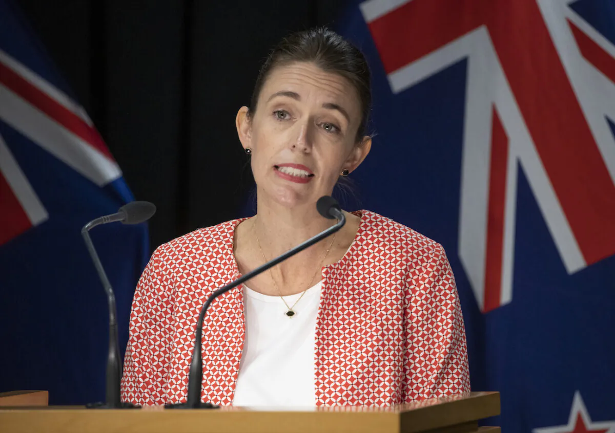 Prime Minister Jacinda Ardern speaks at a press conference at the Beehive in Parliament in Wellington, New Zealand, on Jan. 23, 2022. (Mark Mitchell-Pool/Getty Images)