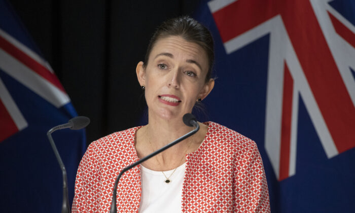 Prime Minister Jacinda Ardern speaks at a press conference at the Beehive in Parliament in Wellington, New Zealand, on Jan. 23, 2022. (Mark Mitchell-Pool/Getty Images)