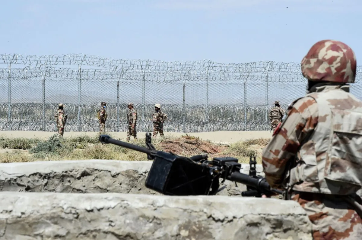 Security personnel of Pakistan's Frontier Corps patrol near the newly inaugurated Badini Trade Terminal Gateway, a border crossing point between Pakistan and Afghanistan at the Pakistan's border town of Qila Saifullah in the southwestern province of Balochistan on September 16, 2020. (Banaras Khan/AFP via Getty Images)