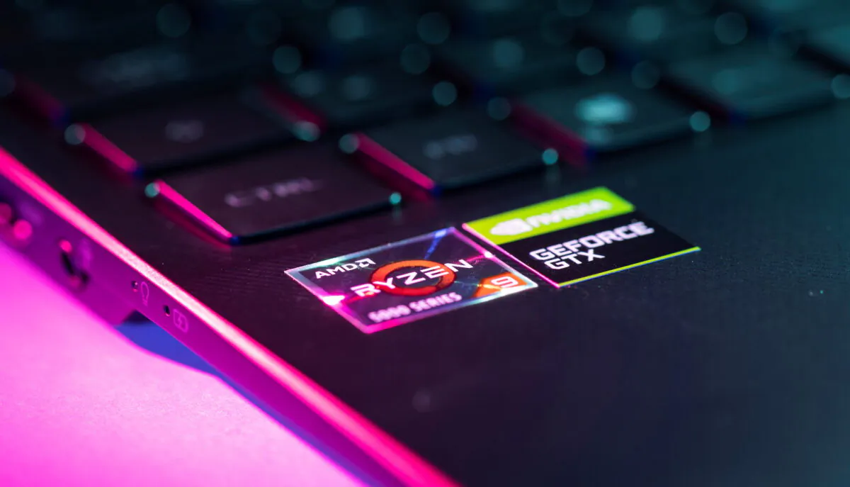 AMD and NVIDIA GeForce stickers are seen on a laptop in this illustration taken on Dec. 1, 2021. (Dado Ruvic/Illustration/Reuters)
