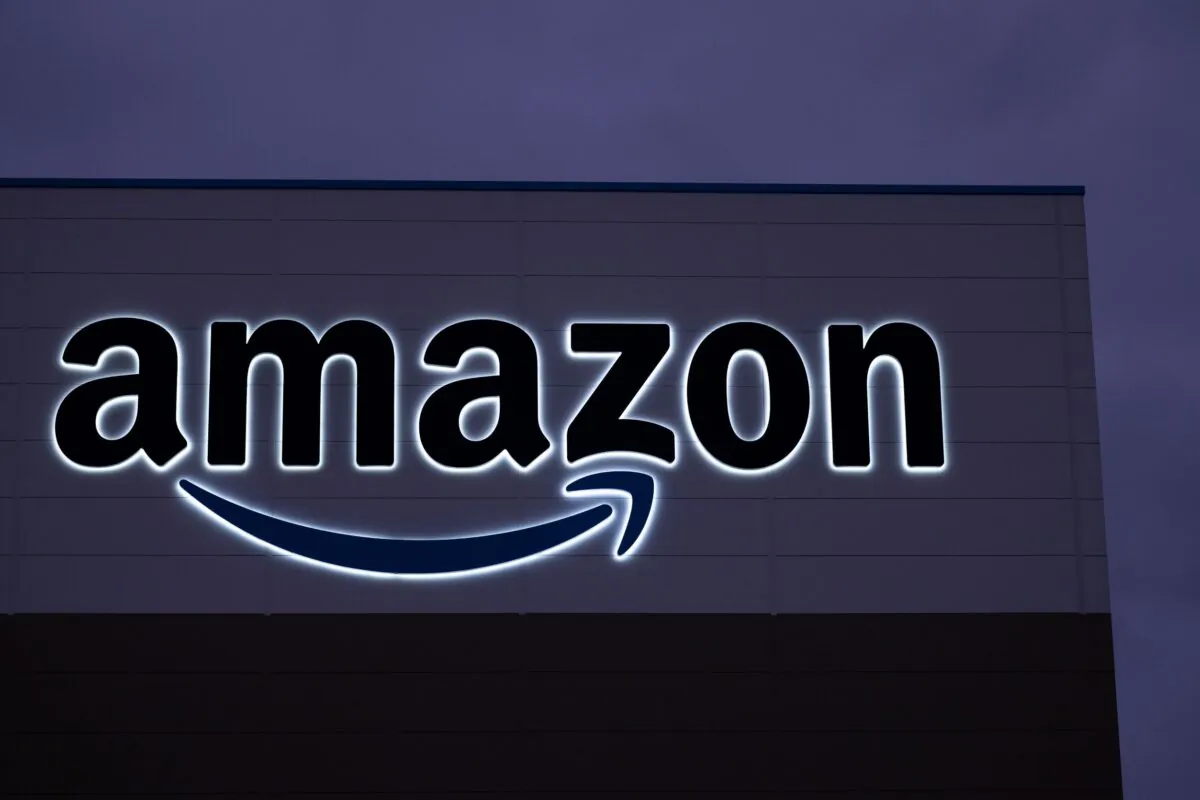 A general view of the Amazon sign at the Amazon fulfillment center in London, England, on Dec. 13, 2021. (Dan Kitwood/Getty Images)