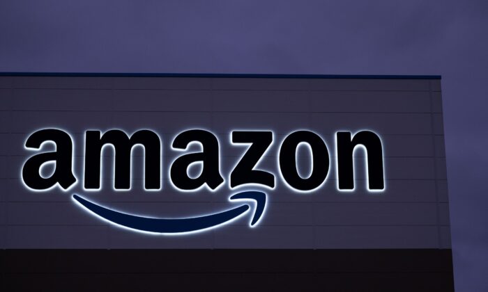 The Amazon sign at the Amazon fulfillment center in London, on Dec. 13, 2021. (Dan Kitwood/Getty Images)