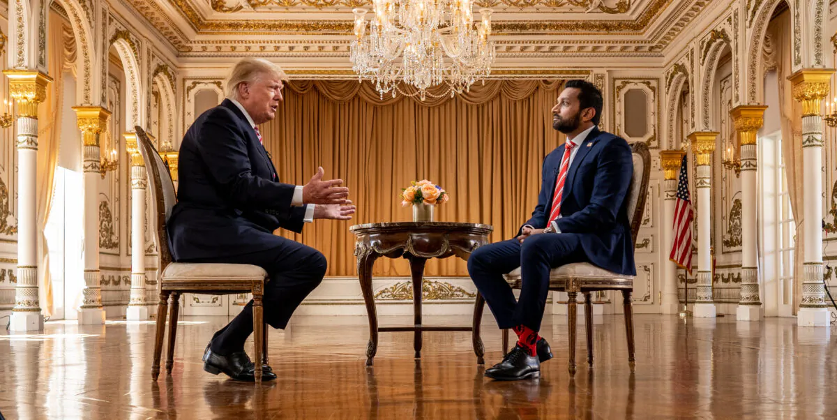 Former President Donald Trump speaks with EpochTV's Kash Patel at his Mar-a-Lago resort in Palm Beach, Fla., on Jan. 31, 2022. (The Epoch Times)