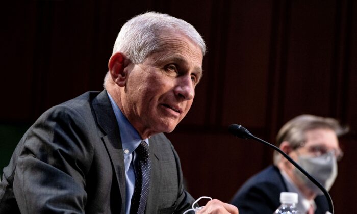 Dr. Anthony Fauci, director at the National Institute of Allergy and Infectious Diseases, speaks during a Senate committee hearing on the COVID-19 response, on Capitol Hill in Washington on March 18, 2021. (Anna Moneymaker/Pool/Getty Images)
