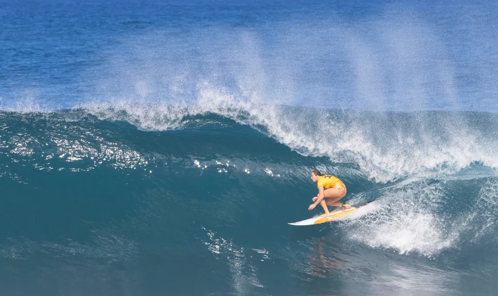 USA Gold medalist and 5-time world champion Carissa Moore competes during the 2022 Billabong pipeline pro at Pipeline on the north shore of Oahu, Hawaii, on February 2, 2022. (Photo by BRIAN BIELMANN/AFP via Getty Images)